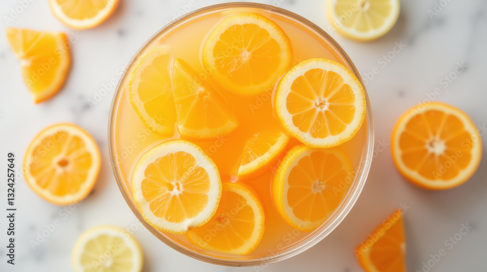 Fototapeta premium Freshly squeezed orange juice with vibrant slices of oranges floating on top, creating refreshing and inviting drink