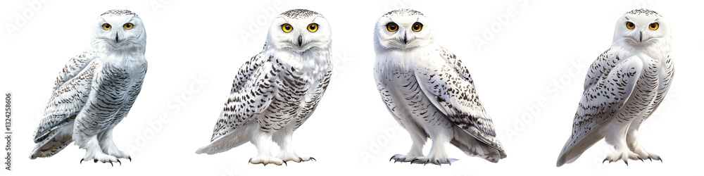 Fototapeta premium Four majestic snowy owls perched in a row, showcasing their stunning white feathers.