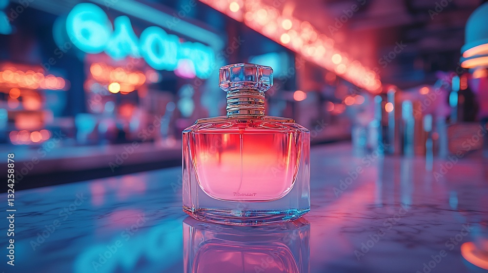 Elegant perfume bottle illuminated by neon lights on a bar counter with a vibrant atmosphere Elegant perfume bottle illuminated by neon lights on a bar counter with a vibrant atmosphere