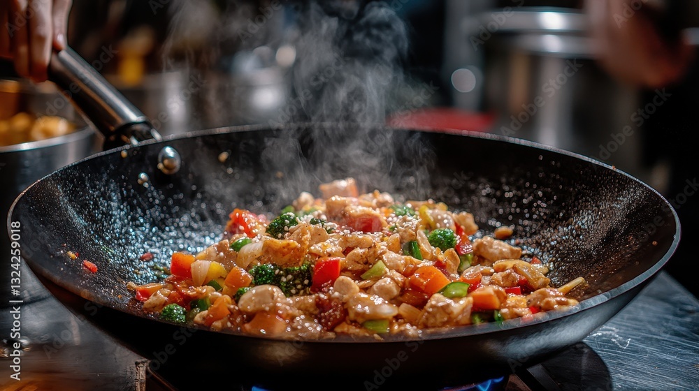 A wok, a culinary vessel of sizzling delight, cradled a vibrant medley of stir-fried vegetables, tender chicken, and a fragrant sauce, its dark countertop reflecting the culinary symphony unfolding A wok, a culinary vessel of sizzling delight, cradled a vibrant medley of stir-fried vegetables, tender chicken, and a fragrant sauce, its dark countertop reflecting the culinary symphony unfolding