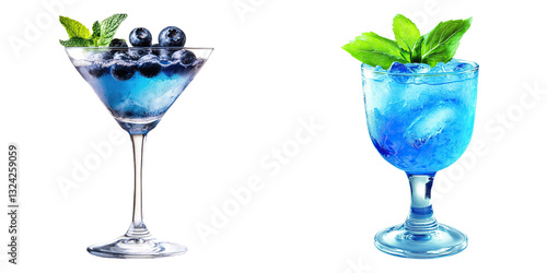 Two refreshing blue cocktails garnished with mint and blueberries for summer gatherings.