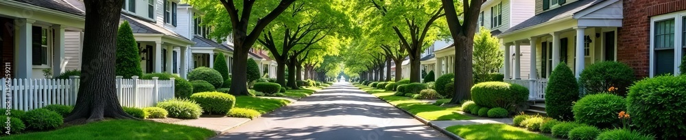 Tree-lined residential street with charming colonial homes, picket fences and gardens, landscaping, quaint, lush greenery Tree-lined residential street with charming colonial homes, picket fences and gardens, landscaping, quaint, lush greenery