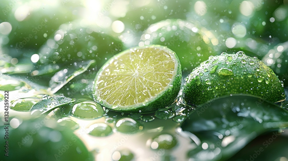 Fresh, juicy limes with dew drops and shiny leaves Fresh, juicy limes with dew drops and shiny leaves