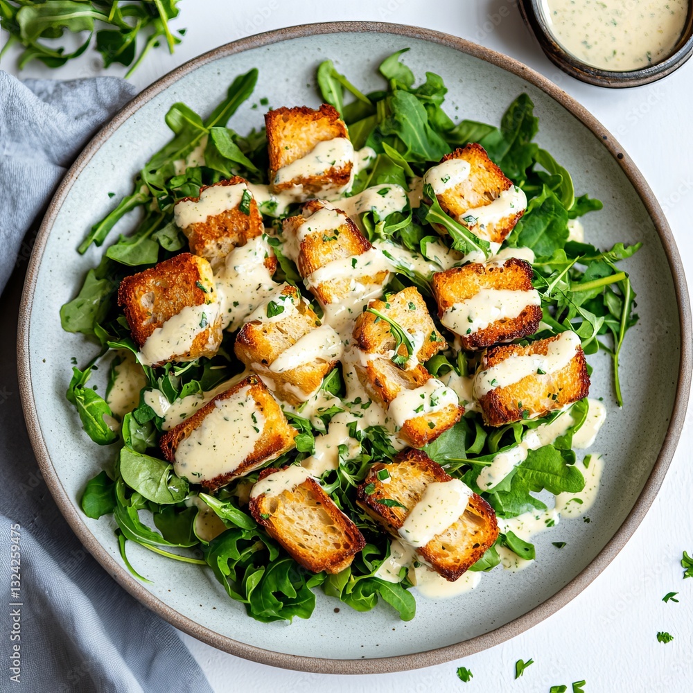 A vibrant plate of crispy fried tofu cubes on a bed of fresh arugula, drizzled with creamy dressing. A vibrant plate of crispy fried tofu cubes on a bed of fresh arugula, drizzled with creamy dressing.