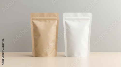 Two stand up pouches, one brown and one white, on neutral background. Ideal for packaging