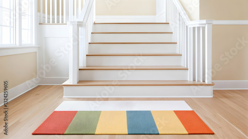 Colorful runner rug in a light-filled hallway with white stairs