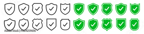 Set of security shield icons, security shields logotypes with check mark and padlock isolated on transparent. Shield security icon. Safety protection sign