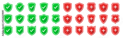 Set of security shield icons, security shields logotypes with check mark and padlock isolated on transparent. Shield security icon. Safety protection sign