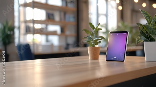 Smartphone mockup on wooden table in modern office.