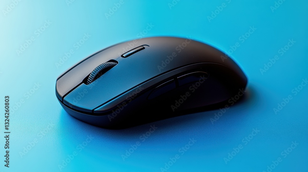 A sleek, black computer mouse with a glossy finish rests on a vibrant sapphire blue surface, its subtle glow adding a touch of modern sophistication to its minimalist design. A sleek, black computer mouse with a glossy finish rests on a vibrant sapphire blue surface, its subtle glow adding a touch of modern sophistication to its minimalist design.
