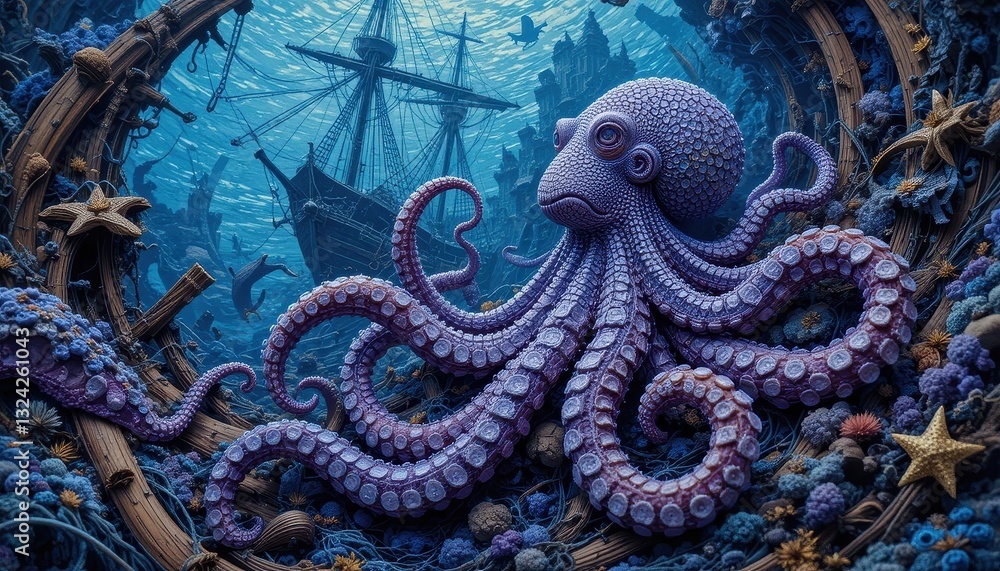 Fototapeta premium Majestic Octopus in Ocean Wreckage Digital Art of Underwater Scene with Sunken Ship