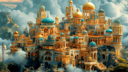 Fantasy Persian palace floating in the clouds, golden domes and intricate blue details