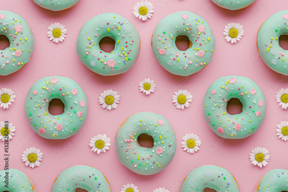 Donuts and flowers are arranged in a pattern on a pastel pink background, creating a delightful and playful scene. Donuts and flowers are arranged in a pattern on a pastel pink background, creating a delightful and playful scene.