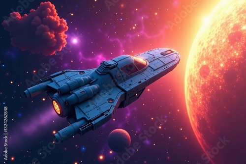 Fototapeta Naklejka Na Ścianę i Meble -  Vibrant spaceship flying through colorful nebula, galaxy, space, futuristic