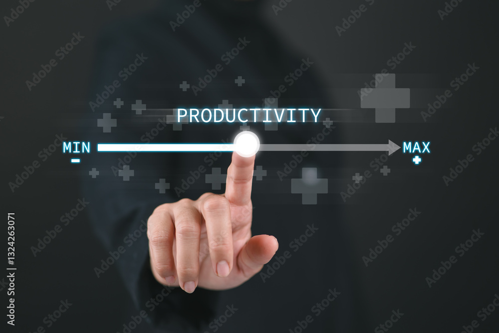 Increasing Productivity and Efficiency Concept. Businesswoman adjusting virtual slider from min to max, process to increase productivity and efficient. Progress and optimization in business operations Increasing Productivity and Efficiency Concept. Businesswoman adjusting virtual slider from min to max, process to increase productivity and efficient. Progress and optimization in business operations