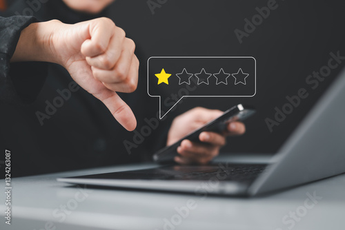 review rating 1 star. concept of low quality, and unhappy, feedback and opinions complaints from the client, bad review icon dissatisfied, experience negative of customers in a service
