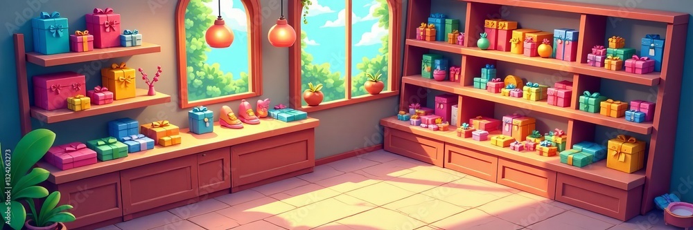 Fototapeta premium Vibrant vector isometric souvenir gift shop with colorful merchandise display, display, isometric, vibrant