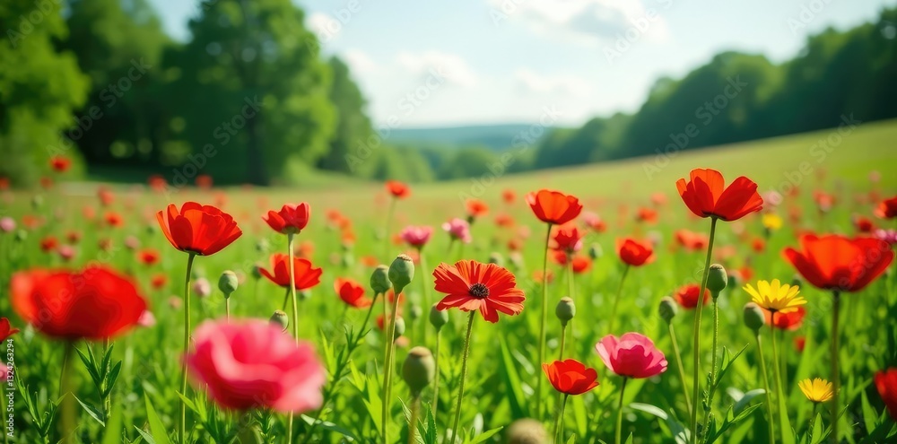 field of Ranunculus flowers swaying in the wind with trees in the background, wildflowers, ranunculus flowers, green fields field of Ranunculus flowers swaying in the wind with trees in the background, wildflowers, ranunculus flowers, green fields