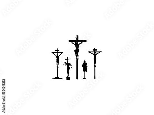 A black and white silhouette of Jesus on the cross, with several figures depicted above it. Multiple crucifixion depictions of Jesus.