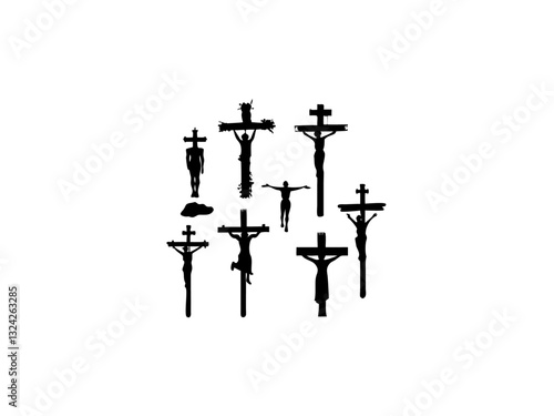 A black and white silhouette of Jesus on the cross, with several figures depicted above it. Multiple crucifixion depictions of Jesus.