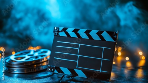 A movie clapperboard and film reel are shown.  There's space on the clapperboard for your message.
