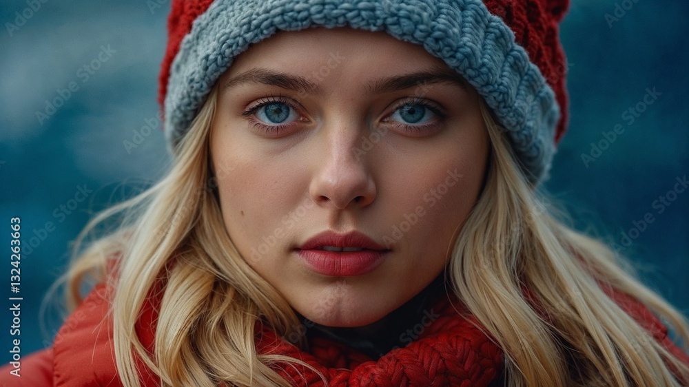 A close-up portrait of a young woman with striking blue eyes and long blonde wavy hair, wearing a chunky knit beanie and a quilted winter jacket A close-up portrait of a young woman with striking blue eyes and long blonde wavy hair, wearing a chunky knit beanie and a quilted winter jacket