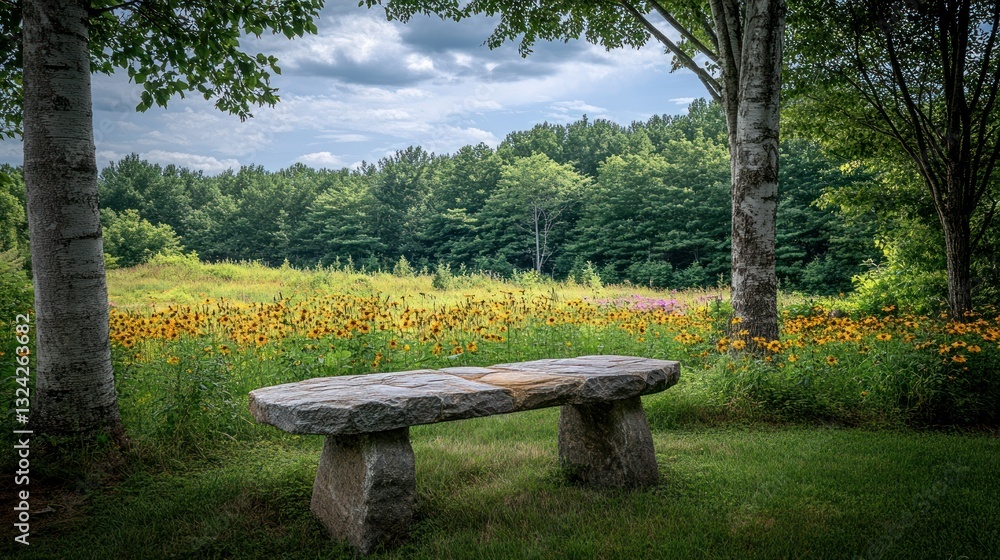 Stone bench in tranquil garden, wildflowers, forest backdrop Stone bench in tranquil garden, wildflowers, forest backdrop
