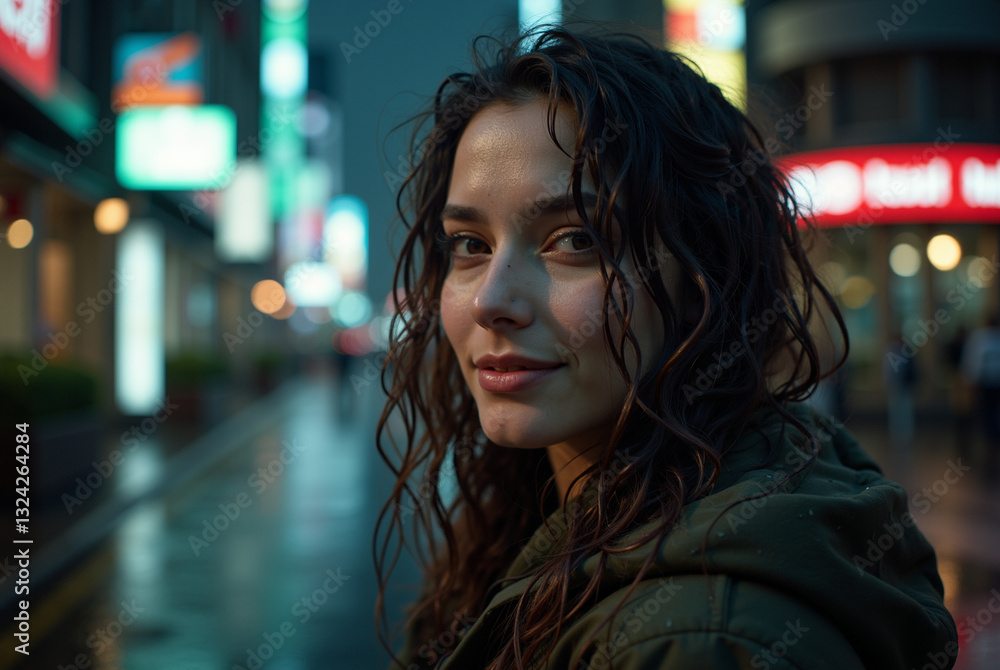 Obraz premium Portrait of a young woman with long dark hair, standing on a wet street at night.