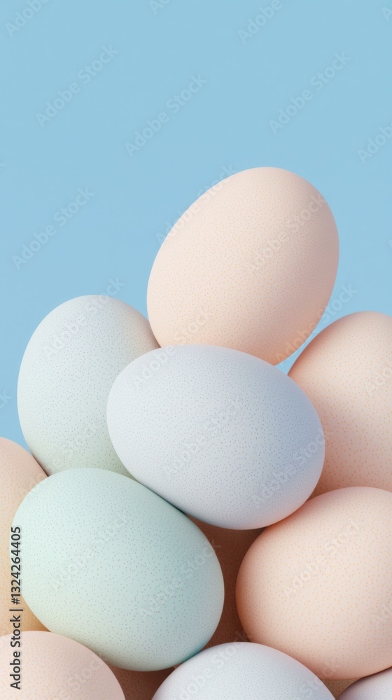 Pile of pastel colored Easter eggs against light blue background, soft color palette, gentle tones, Easter springtime holidays, family celebration, Copy space Pile of pastel colored Easter eggs against light blue background, soft color palette, gentle tones, Easter springtime holidays, family celebration, Copy space