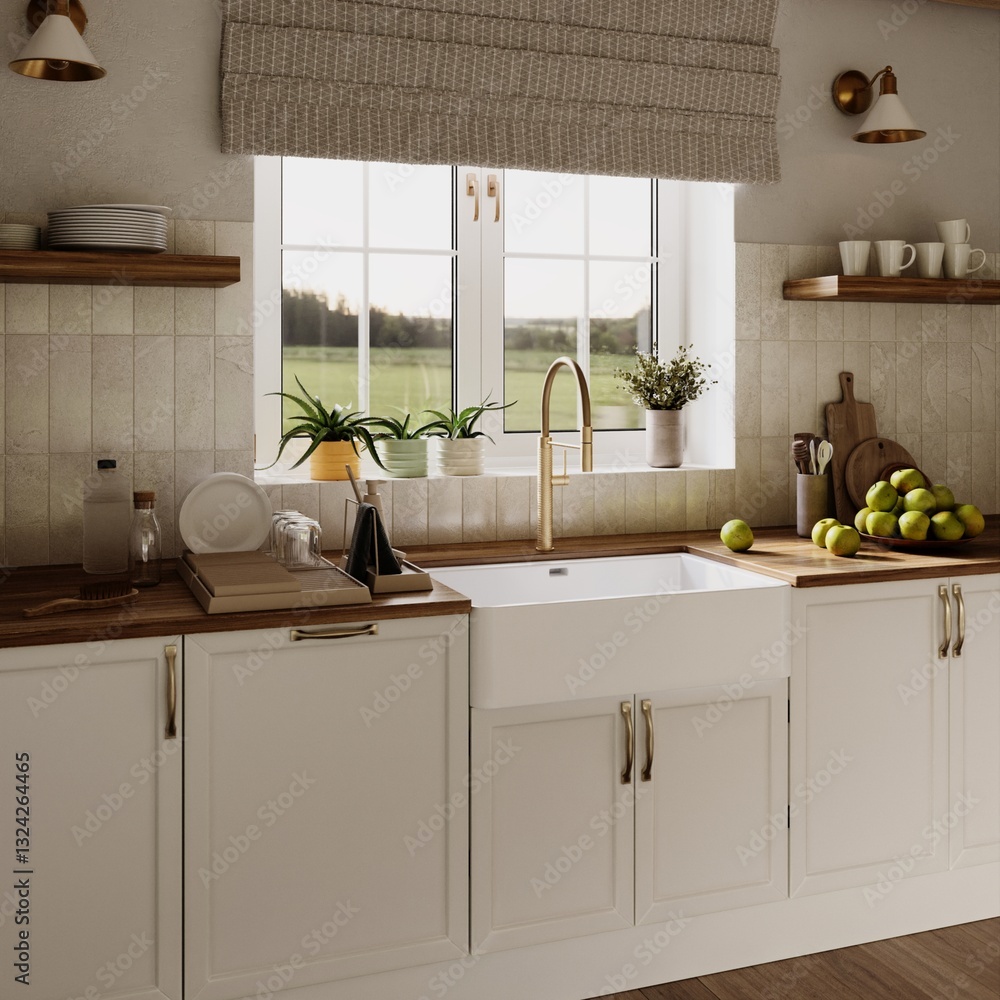 Fototapeta premium Classic kitchen interior with the color white. A large window by light curtains. The kitchen counter from light-colored wood. 3D illustration.
