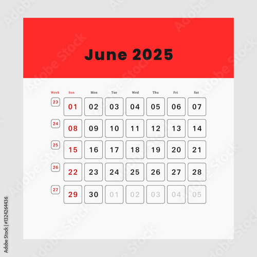 Letter calendar for June 2025. The week begins on Sunday. Time, planning, schedule concept, and includes notes. Flat design. Removable calendar for the month. Vector illustration.