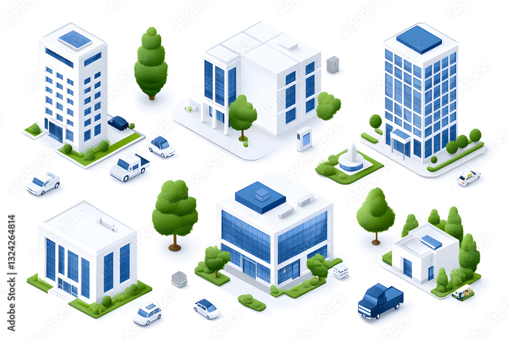 A detailed isometric set of modern city buildings, skyscrapers, isolated on white background A detailed isometric set of modern city buildings, skyscrapers, isolated on white background