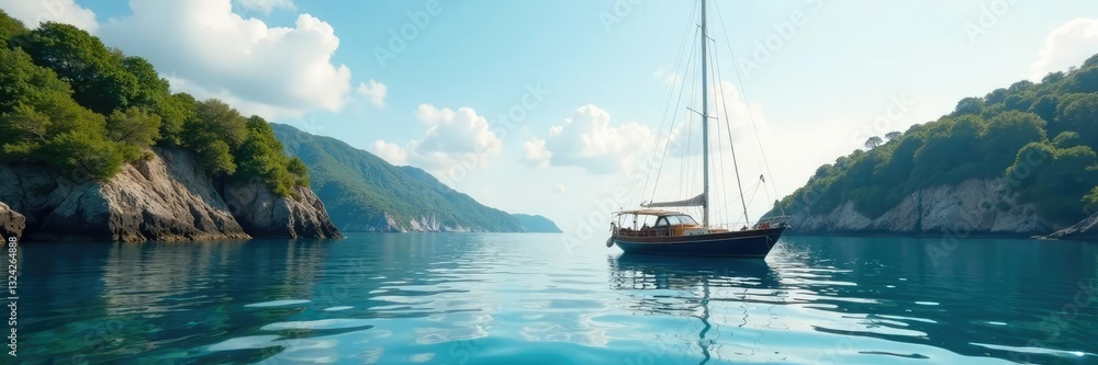 Fishing boat anchored in a secluded harbour cove, sailboat, water Fishing boat anchored in a secluded harbour cove, sailboat, water