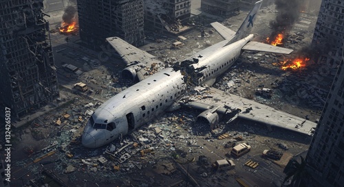 Airplane Crash Site Amidst War-Torn City Ruins with Smoke and Fire