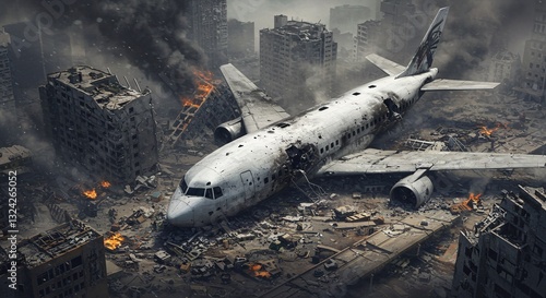 Airplane Crash Site Amidst War-Torn City Ruins with Smoke and Fire