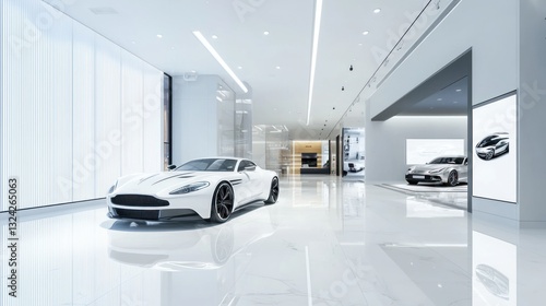A modern, minimalist showroom with clean lines, white interiors, and a single luxury car on display