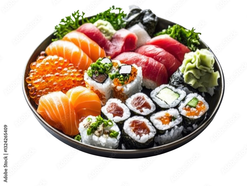 Delicious japanese dish of sushi served on a wooden platter with fresh ingredients and traditional presentation isolated on a white background. Delicious japanese dish of sushi served on a wooden platter with fresh ingredients and traditional presentation isolated on a white background.