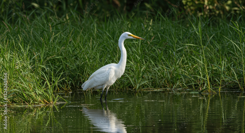 Great Egret in Wetland: Graceful Bird, Water Reflection & Nature Beauty. Scenic Wildlife Image! Great Egret in Wetland: Graceful Bird, Water Reflection & Nature Beauty. Scenic Wildlife Image!
