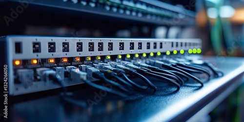 a network server with connected cables and lights.