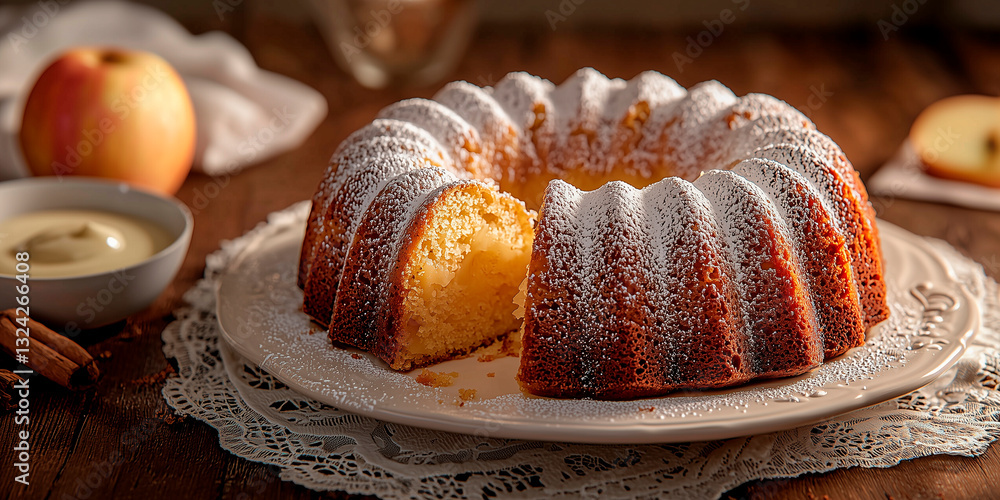 A freshly baked, golden-brown apple cake with a soft, fluffy texture, topped with a dusting of powdered sugar, placed on a white plate with a delicate lace cloth underneath A freshly baked, golden-brown apple cake with a soft, fluffy texture, topped with a dusting of powdered sugar, placed on a white plate with a delicate lace cloth underneath
