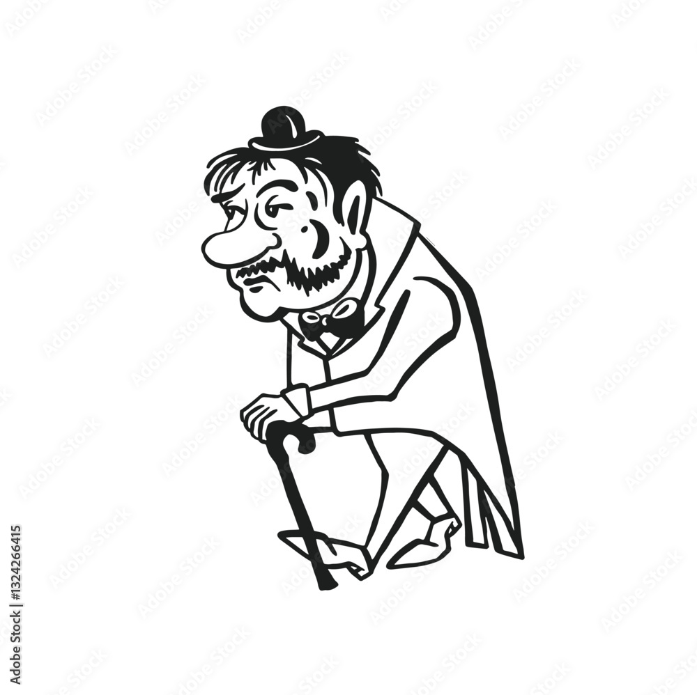 Obraz premium Retro man slouching with cane, line monochrome vector