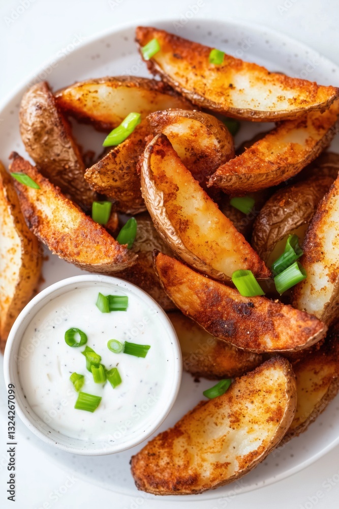 fried potato wedges on a plate with white sauce and chopped green onions fried potato wedges on a plate with white sauce and chopped green onions