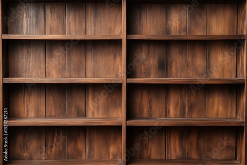 Vintage empty bookshelf made of aged wood with a rustic texture and antique charm