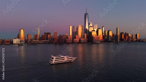 Manhattan downtown skyline, Sunset, Cinematic, Aerial, Zoom In