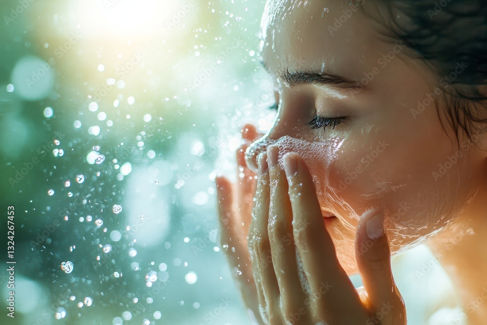 Fototapeta premium Woman washing her face with water in the morning, splashing water, radiant skin, natural light coming through window, fresh clean environment
