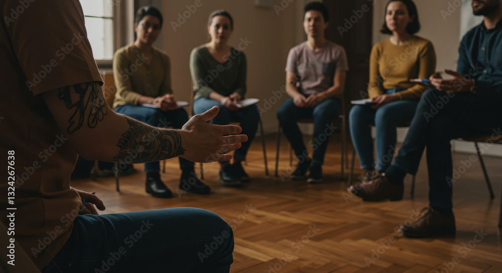 Obraz premium Therapy Group Session: Open Communication & Support. People Talking in a Circle, Mental Health & Wellbeing, Coping Skills, Guidance, Encouragement.