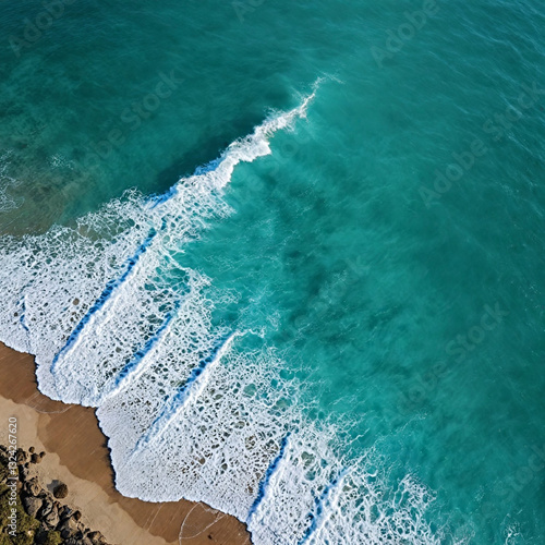 Aerial view beautiful of sea waves from drone. Stock image of blue color of ocean water, sea surface. Top view on turquoise waves, clear water surface texture.

