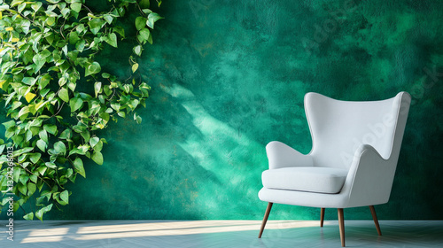 A single white armchair in the green room awaits offering a serene calm space perfect for relaxation. AI generative photo