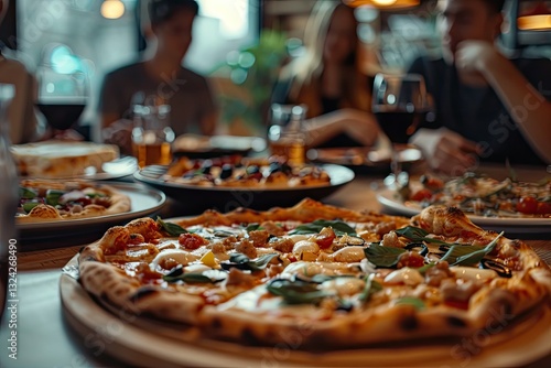 Friends Enjoying a Pizza Meal in a Cozy Restaurant, a Casual Dining Experience