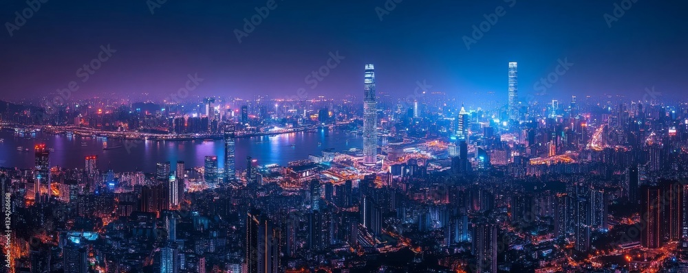 Fototapeta premium a panoramic view of a cityscape at night with illuminated skyscrapers and the river.